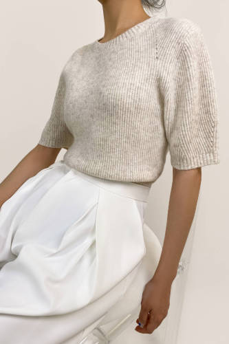 Pale Golden Rod Short Sleeve Ribbed Knit Wool-Blend Sweater