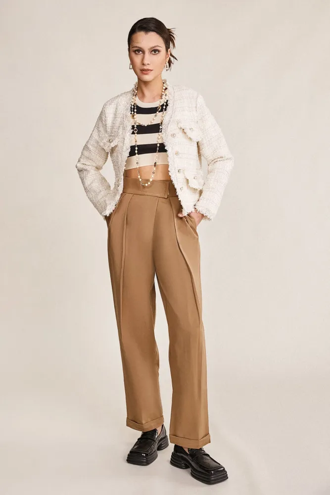 White Frayed V-Neck Tweed Jacket