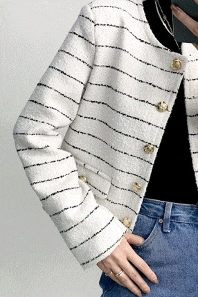 White Striped Tweed Jacket With Gold Buttons