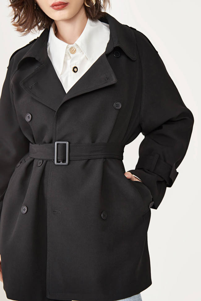 Black Double-Breasted Belted Short Trench Coat