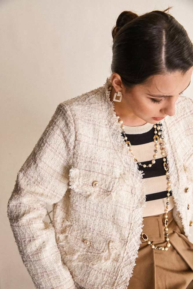 White Frayed V-Neck Tweed Jacket