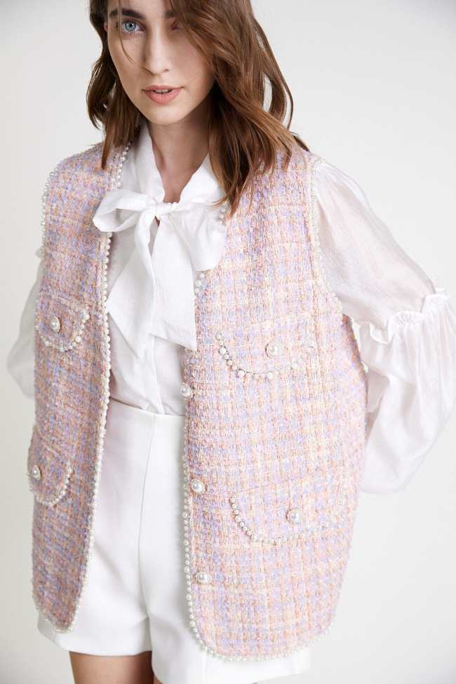 Pink Tweed Faux Pearl Detail Vest