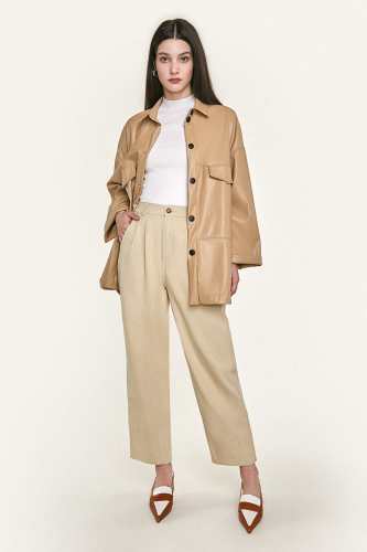 Tan Faux Leather Button-Up Shacket