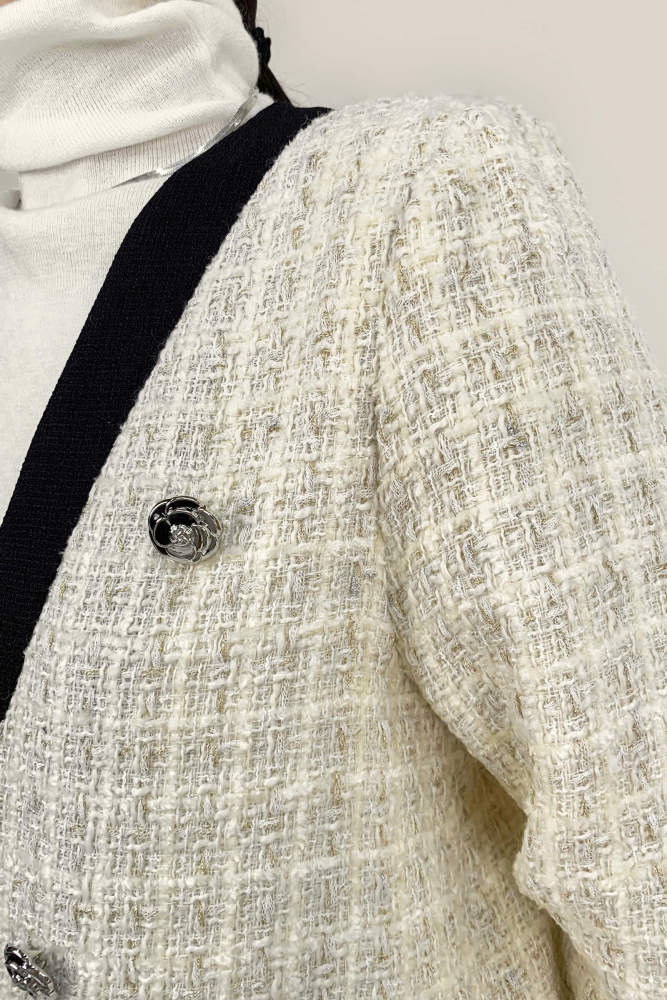 Floral White Contrast Trim Double-Breasted Wool-Blend Tweed Jacket 