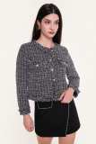 Black Frayed Trim Button-Up Cropped Tweed Jacket