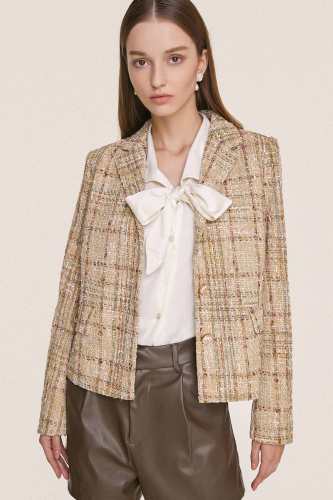 Tan Textured Plaid Button-Up Cropped Tweed Blazer