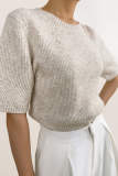 Pale Golden Rod Short Sleeve Ribbed Knit Wool-Blend Sweater