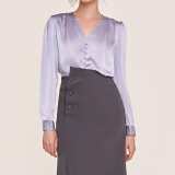 Light Steel Blue V-Neck Long Sleeve Satin Work Blouse