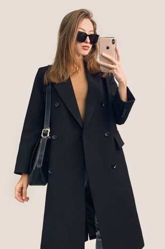 Black Padded Shoulder Tailored Double-Breasted Coat