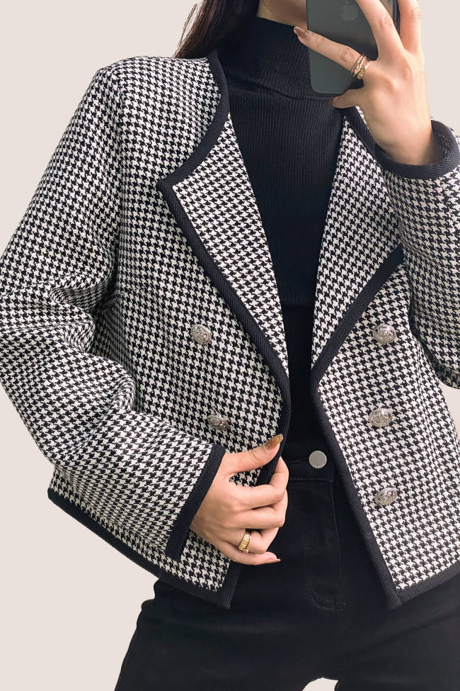 Black Houndstooth Button-Embellished Double-Breasted Jacket