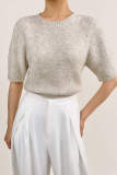 Pale Golden Rod Short Sleeve Ribbed Knit Wool-Blend Sweater