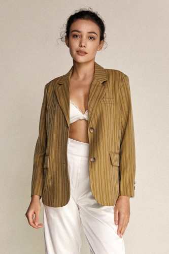 Dark Khaki Pinstripe Single-Breasted Long Sleeve Blazer