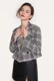 Grey Double-Breasted Plaid Cropped Blazer