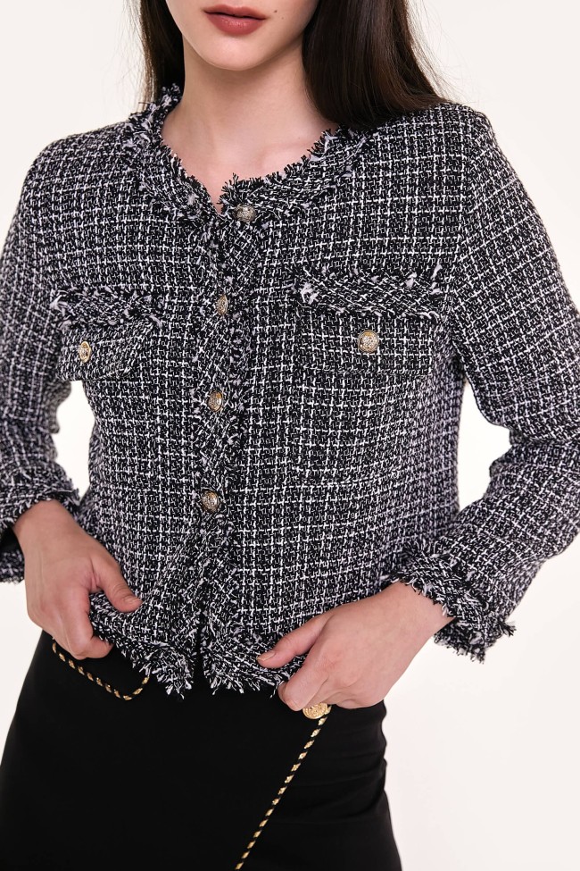 Black Frayed Trim Button-Up Cropped Tweed Jacket