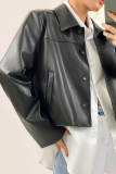 Black Button Front Vegan Leather Jacket 