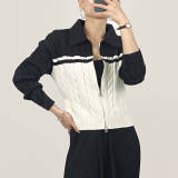 Black Collared Color Block Cable Knit Zip-Up Cardigan