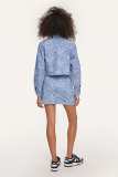 Light Blue Floral Print Button-Up Cropped Denim Jacket