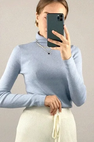 Light Blue Basic Wool-Blend Turtleneck Sweater 