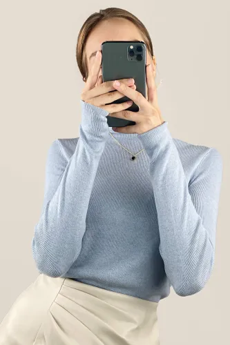 Light Blue Basic Wool-Blend Turtleneck Sweater 