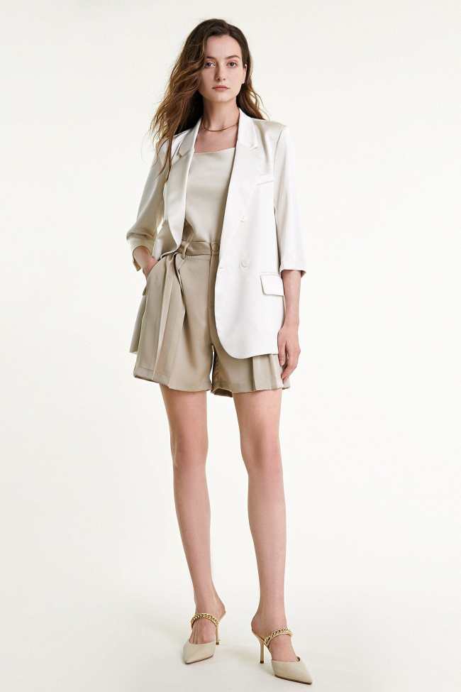 Floral White Satin Three-Quarter Sleeve Longline Blazer