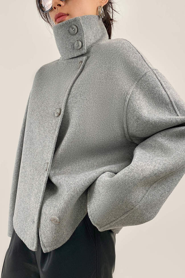 Grey Premium Wool Button-Up Funnel Neck Coat