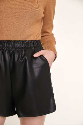 Black Elastic Waist Vegan Leather Shorts