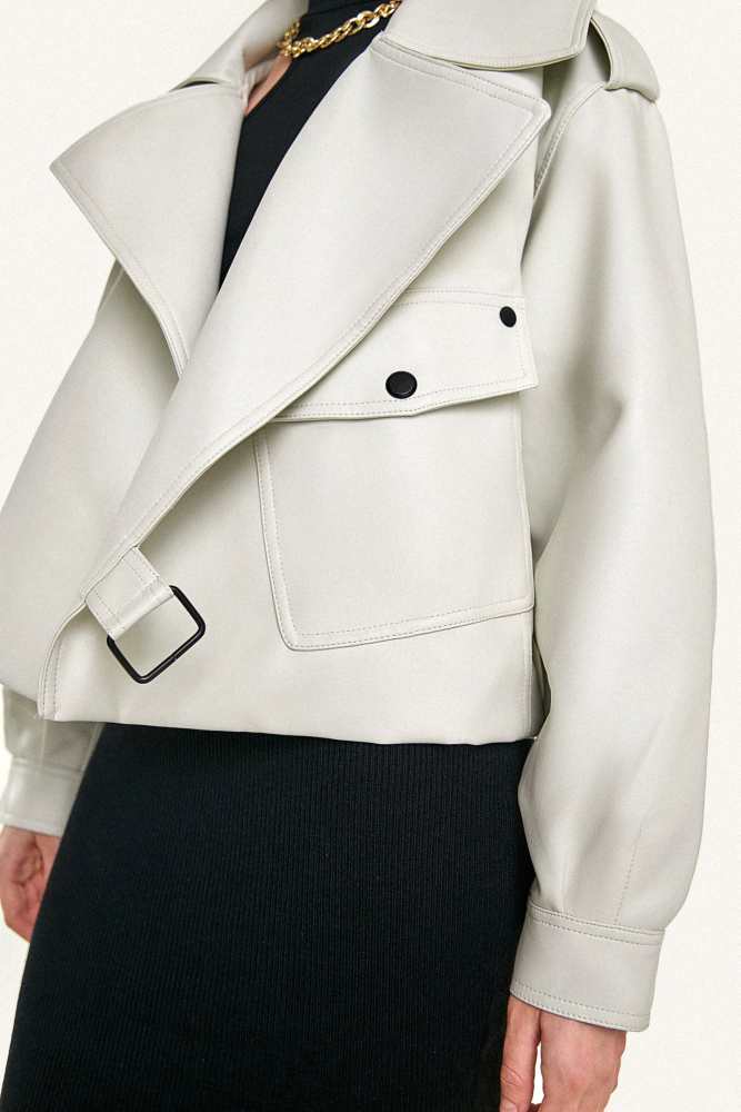 Beige Vegan Leather Pocket Detail Biker Jacket