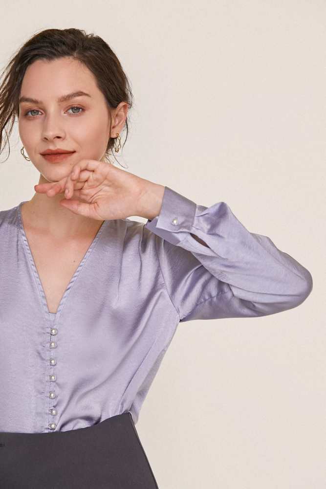 Light Steel Blue V-Neck Long Sleeve Satin Work Blouse