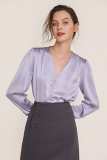Light Steel Blue V-Neck Long Sleeve Satin Work Blouse