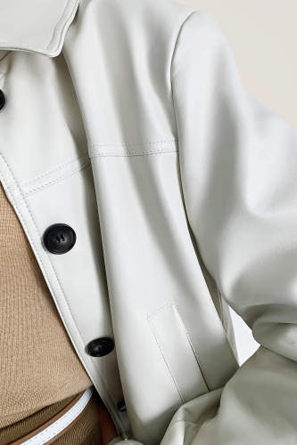 White Collared Button Front Vegan Leather Cropped Jacket 