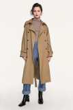 Tan Double-Breasted Belted Longline Trench Coat
