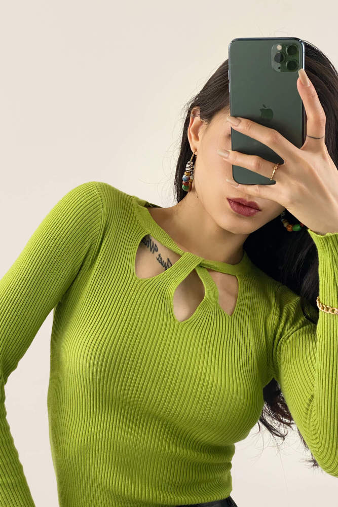 Green Knitted Cut Out Detail Sweater 