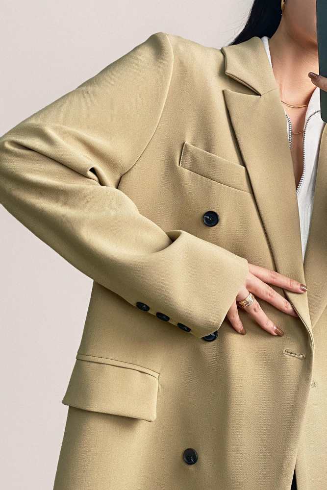 Khaki Padded Shoulder Double-Breasted Longline Coat