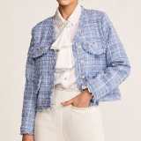 Light Sky Blue Frayed V-Neck Tweed Jacket