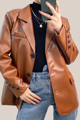 Saddle Brown Vegan Leather Single-Breasted Longline Blazer