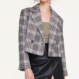 Grey Double-Breasted Plaid Cropped Blazer