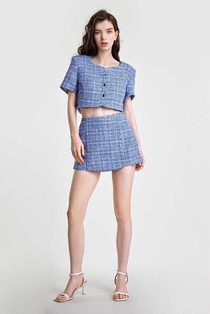 Dodger Blue Button-Up Short Sleeve Cropped Tweed Jacket