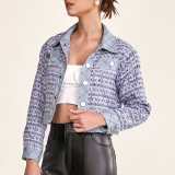 Light Steel Blue Denim Trim Button Front Tweed Jacket