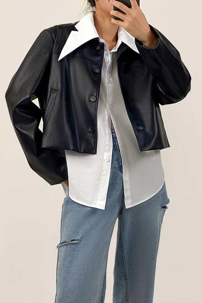 Black Button Front Vegan Leather Jacket 