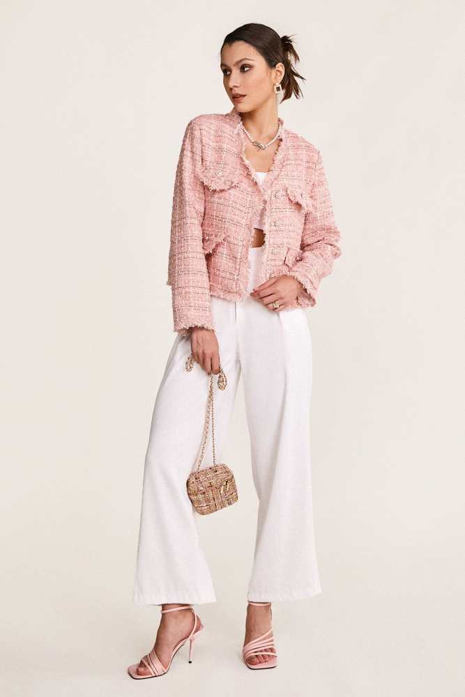 Pink Frayed V-Neck Tweed Jacket