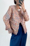 Multicolor Frayed Trim Button-Up Tweed Jacket