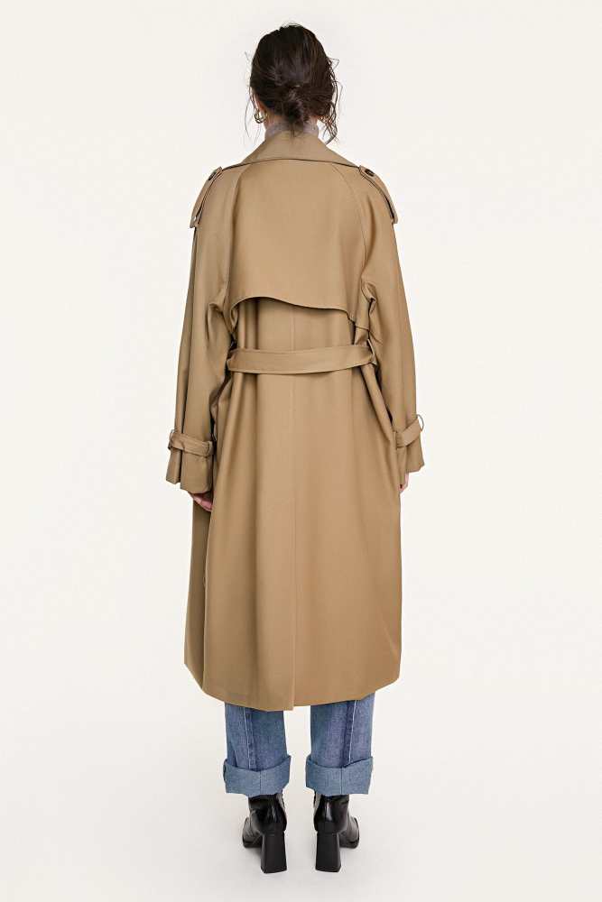 Tan Double-Breasted Belted Longline Trench Coat