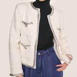 White Contrast Chain Trim Tweed Jacket