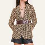 Saddle Brown Belted Houndstooth Single-Breasted Blazer