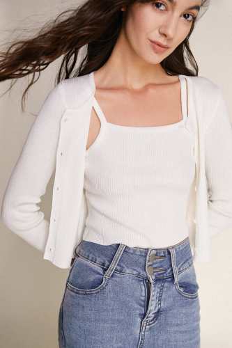 White Rib-Knit Cropped Cardigan \u0026 Cami Top Two-Piece Set