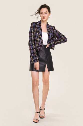 Multicolor Plaid Double-Breasted Cropped Tweed Blazer
