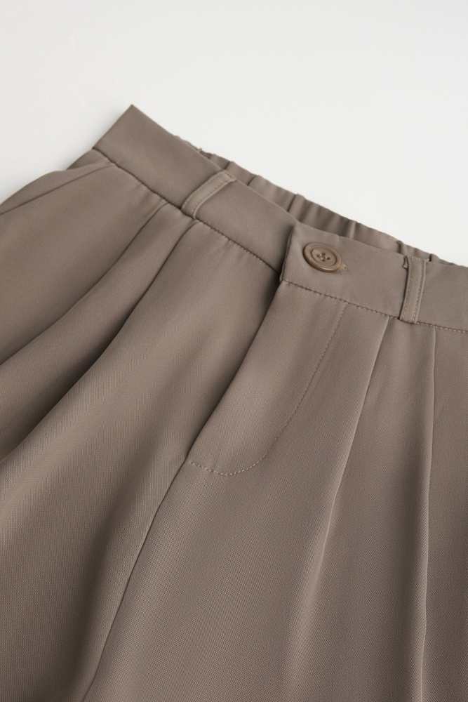 Tan Half Elastic Pleat Detail Wide Leg Suit Pants