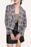 Grey Double-Breasted Plaid Cropped Blazer
