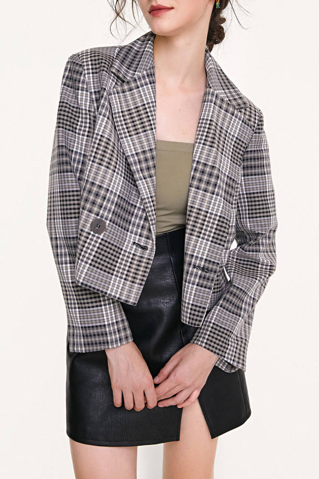 Grey Double-Breasted Plaid Cropped Blazer