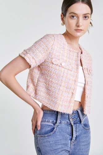 Pink Button-Up Short Sleeve Cropped Tweed Jacket